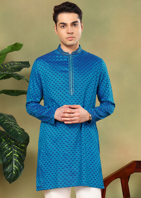 Tattva Men Geometric Print Straight Kurta(Blue)