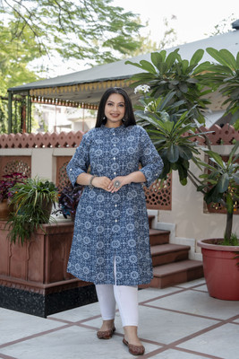 RopaDeModa Women Block Print A-line Kurta(Blue)