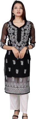 Threads and Tradition Women Chikan Embroidery A-line Kurta(Black)