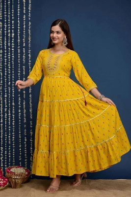 Tvyozs Women Printed Anarkali Kurta(Yellow)
