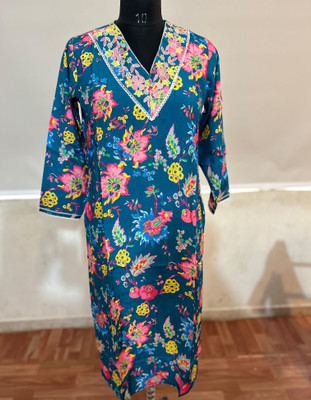 Warli Store Women Floral Print A-line Kurta(Blue)