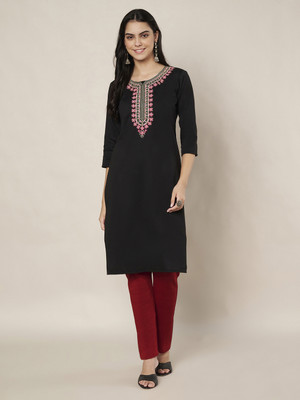 Style Access Women Embroidered Straight Kurta(Black)