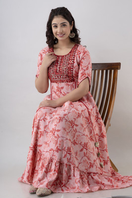 jaipurite Women Printed Anarkali Kurta(Pink)