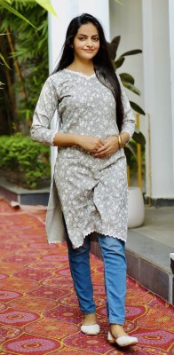 NORTIFASHION Women Printed Straight Kurta(Grey)