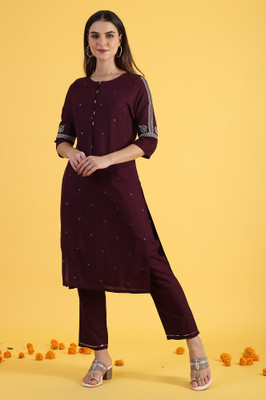 W Women Embroidered Straight Kurta(Purple)