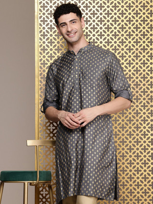 House of Pataudi Men Printed Straight Kurta(Grey)