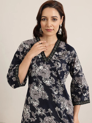 PHYSIL Women Printed Straight Kurta(Black)