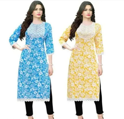 GS Attire Women Embroidered Straight Kurta(Blue, Yellow)