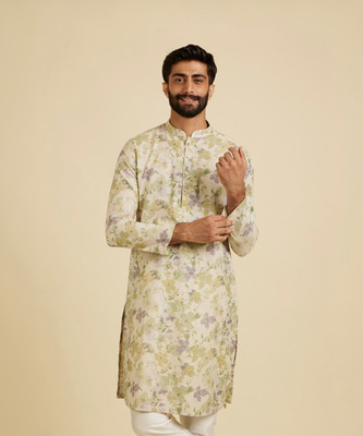 MANYAVAR Men Floral Print Straight Kurta(Green)