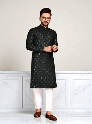 BISWAS Men Embellished, Embroidered Straight Kurta(Black)
