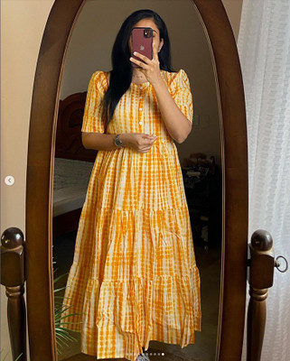 ARDANAY Women Printed Flared Kurta(Yellow)