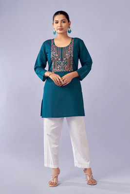 Mayra Women Embroidered Straight Kurta(Dark Blue)