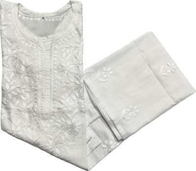 Adab chikan handicraft Women Chikan Embroidery A-line Kurta(White)