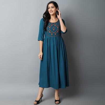 Kriska Women Embroidered A-line Kurta(Blue)