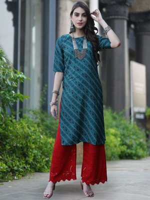 Moda Rapido Women Bandhani Straight Kurta(Blue)