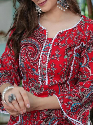 PINSFASION Women Printed, Paisley A-line Kurta(Red)