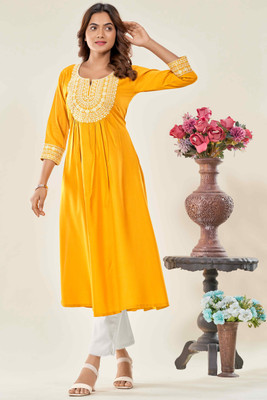 Glomee Women Embroidered Straight Kurta(Yellow)