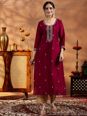 LIBAS Women Embroidered Straight Kurta(Maroon)