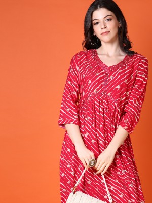 V-MART Women Printed A-line Kurta(Red)