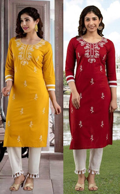 SISTO Women Chikan Embroidery A-line Kurta(Red, Yellow)