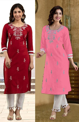 SISTO Women Chikan Embroidery Straight Kurta(Multicolor)