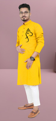 M Biswas Men Printed Straight Kurta(Yellow)