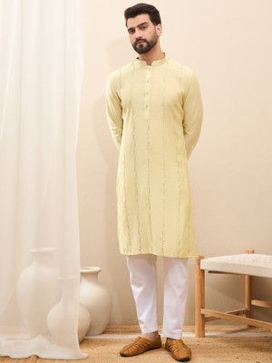 House of Pataudi Men Embroidered Straight Kurta(Yellow)