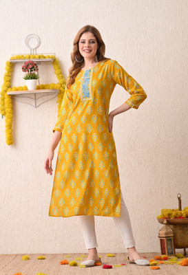 JASORIYA Women Printed Straight Kurta(Yellow)