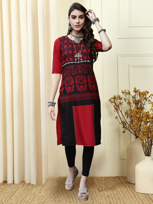 EthnicBasket Women Printed A-line Kurta(Red, Black)