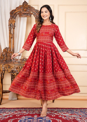 Vorcia Febtex Women Printed Anarkali Kurta(Maroon)