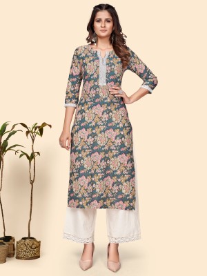 VBUYZ Women Floral Print Straight Kurta(Blue)