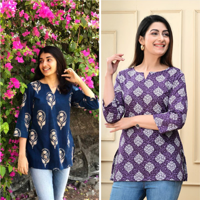 SHIV ENTERPRIES Women Printed Straight Kurta(Blue, Purple)