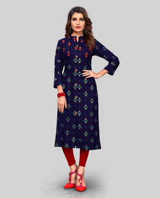 VBUYZ Women Printed Straight Kurta(Blue)