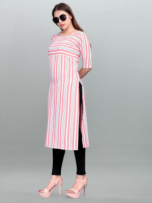 HouseOfCommon Women Striped Straight Kurta(Pink)