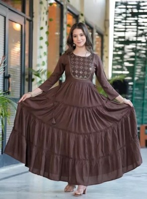 CHARVI CREATION Women Embroidered, Solid Anarkali Kurta(Brown)