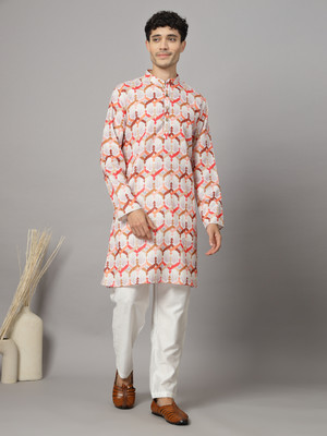 Vastraa Fusion Men Floral Print A-line Kurta(White, Multicolor)