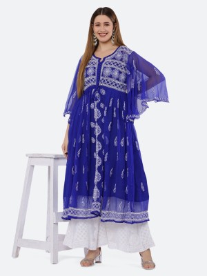 FAWOMENT Women Chikan Embroidery Anarkali Kurta(Dark Blue)