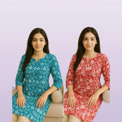 ssf Women Printed Straight Kurta(Blue, Red)