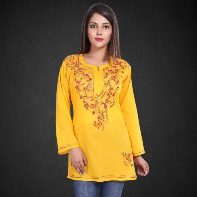 zhouse Women Chikan Embroidery A-line Kurta(Yellow)