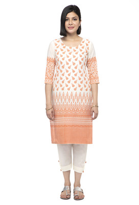 EZIS FASHION Women Block Print Straight Kurta(White, Orange)