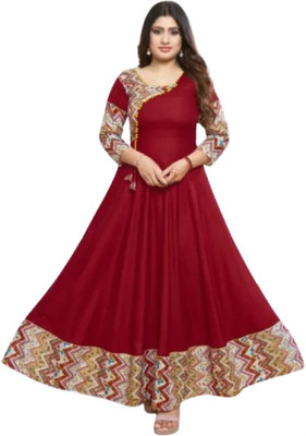 Neminath Women Printed Flared Kurta(Maroon)