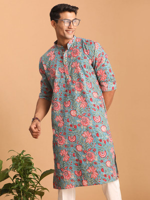 Shvaas By Vastramay Men Printed Straight Kurta(Blue)