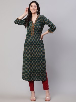 Nayo Women Printed Straight Kurta(Green)