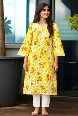 ssf Women Floral Print Straight Kurta(Yellow)