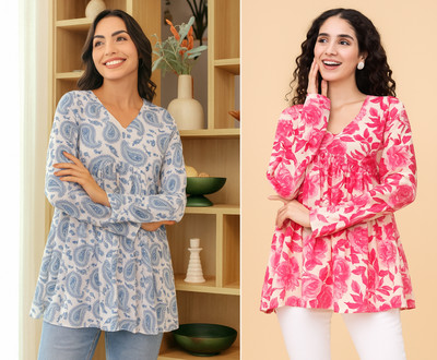 CLANGER Women Floral Print Flared Kurta(Light Blue)