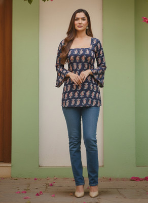 CORSICA Women Printed Straight Kurta(Dark Blue)