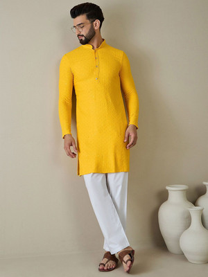 ANOUK Men Geometric Print Straight Kurta(Yellow)