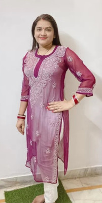 Banaras silk palace Women Chikan Embroidery A-line Kurta(Purple)