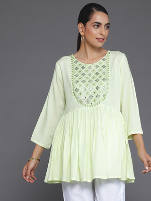 LIBAS Women Embroidered A-line Kurta(Green)