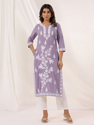 Janasya Women Embroidered Straight Kurta(Purple, White)